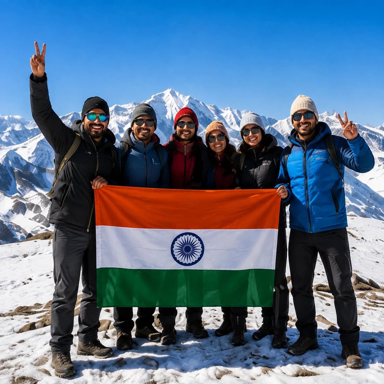 Happy trekkers posing in the snow