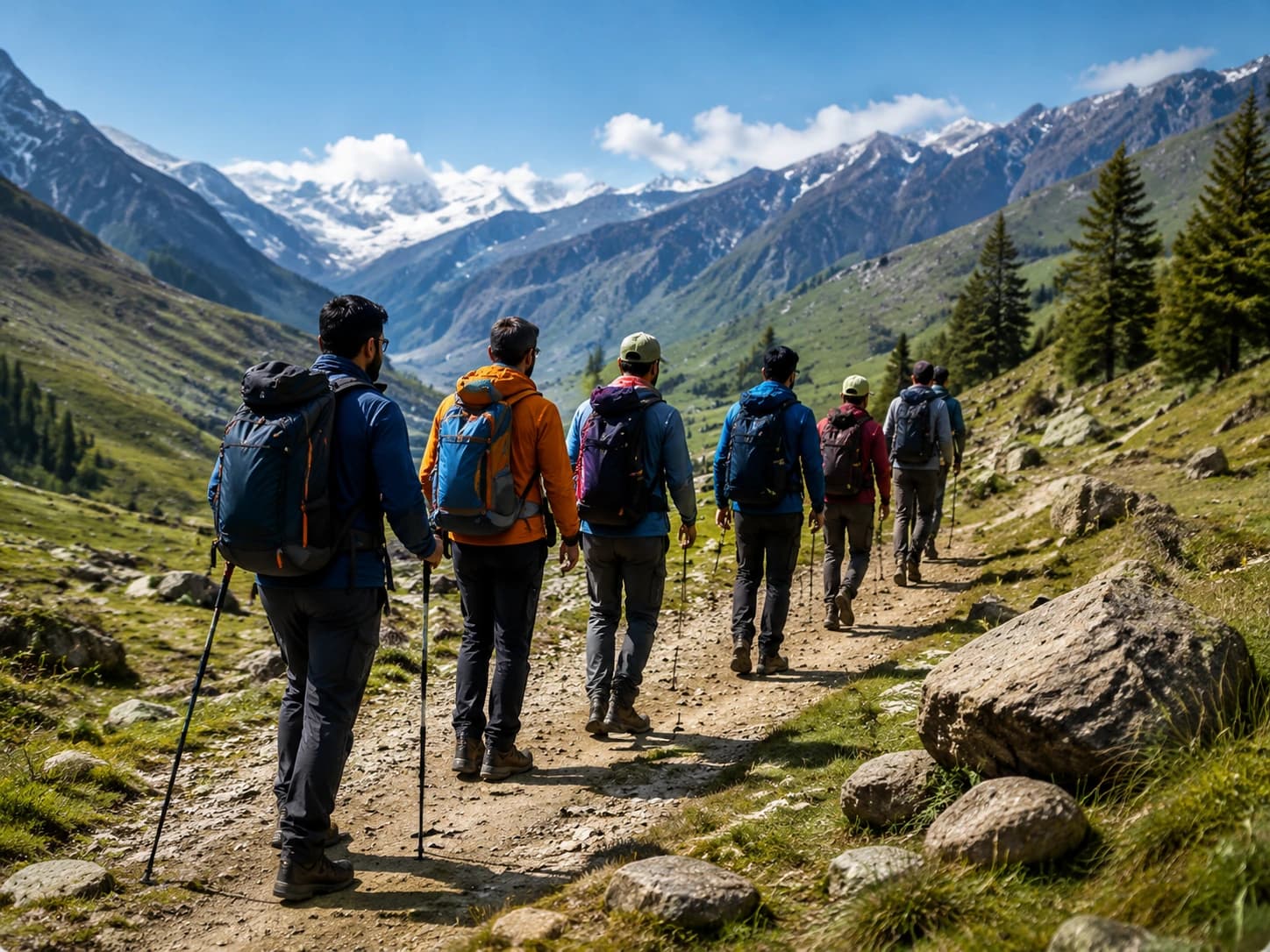 Trekkers walking on a mountain trail